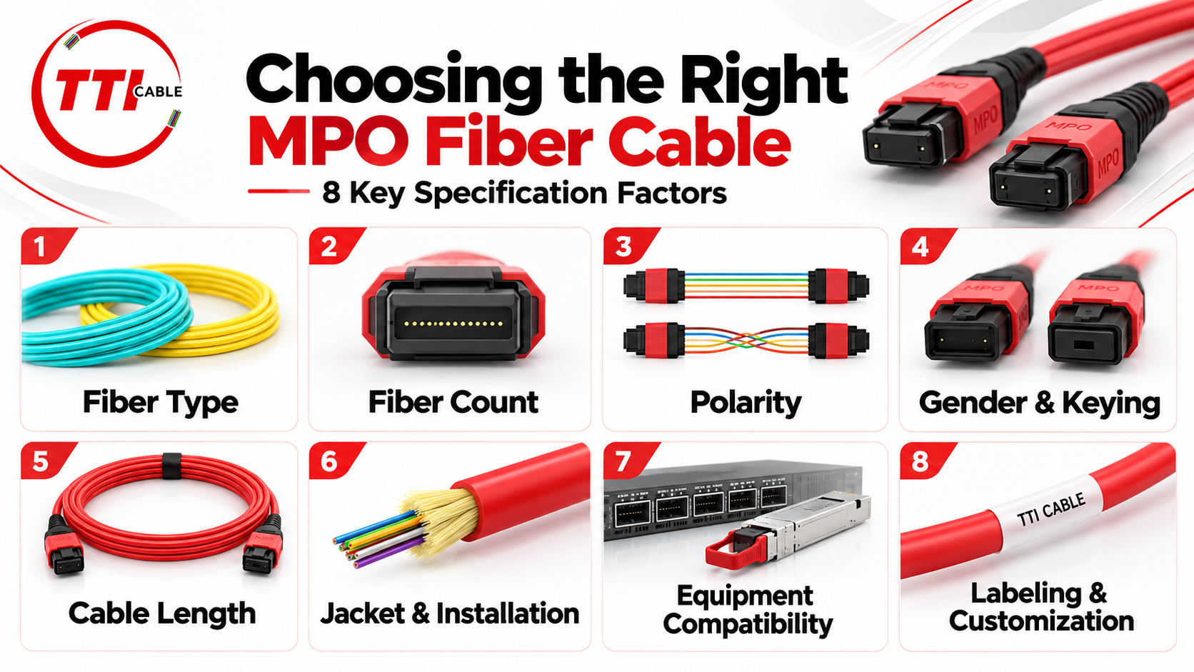 MPO fiber optic cable assemblies illustrating connector types, fiber counts, and cable configurations.